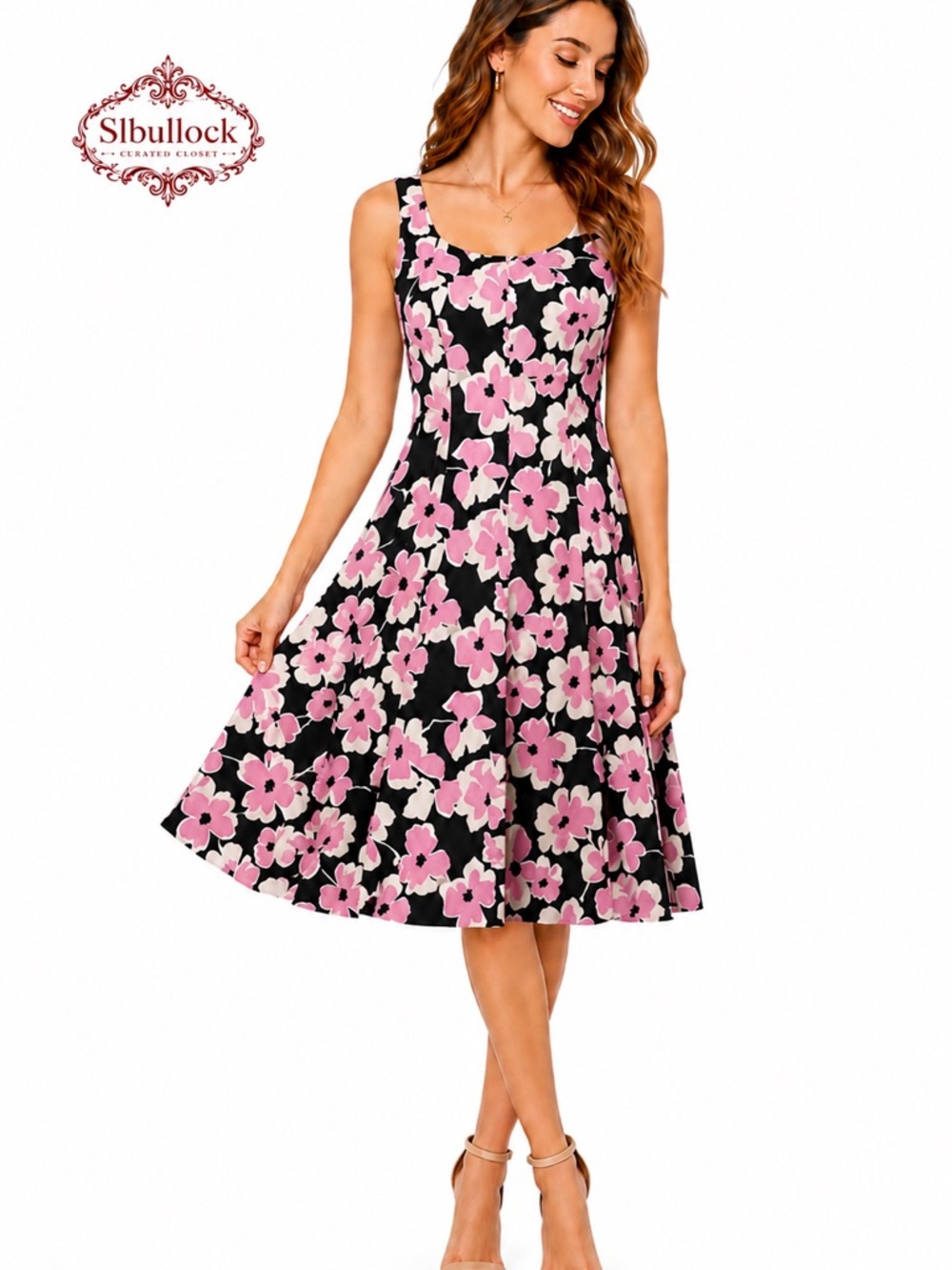 Nine West Floral Fit & Flare Dress Sz 2 Pink Black Fully Lined Cotton Blend NWOT